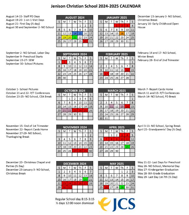 2024/2025 Calendar Jenison Christian School